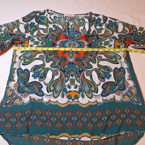 Renee C Green White Paisley Abstract Artsy Satin Short Sleeve Tunic V Neck Sz M - Picture 5 of 9